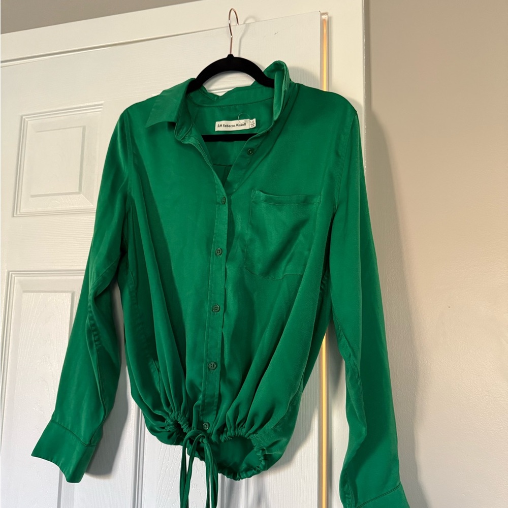 Rebecca Minkoff Green Button Blouse Shirt Tie Waist